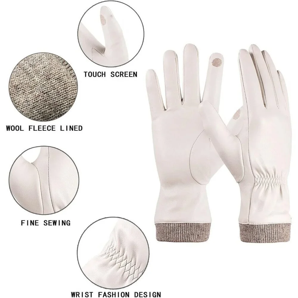 Women's Beige Winter Leather Gloves Wool Fleece Lined Thermal Touchscreen